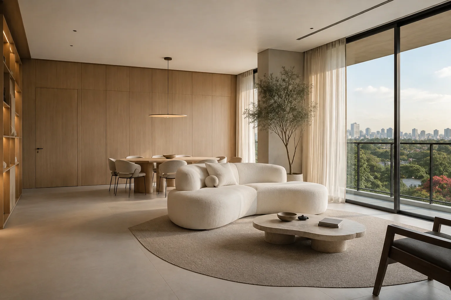 Sala contemporânea com madeira, tons claros e luz natural, ilustrando possibilidades de acabamentos